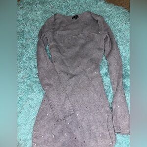 Gray Ribbed Long Rhinestone Sleeve Dress